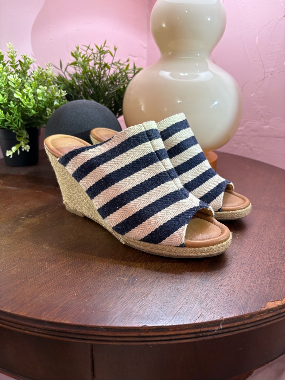 Lane Bryant Navy and Cream Striped Wedge Mules